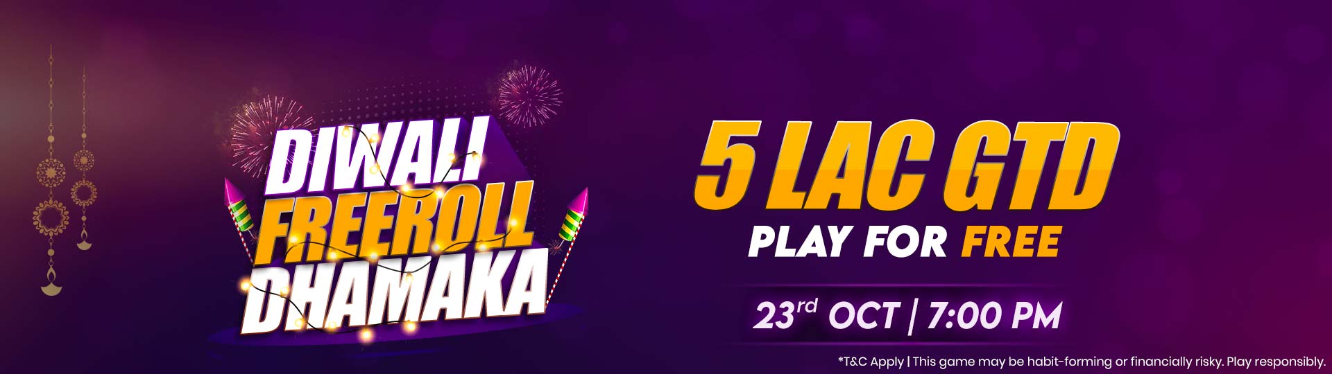 Play Diwali Freeroll Dhamaka for free and win from 5 Lac GTD on Adda52